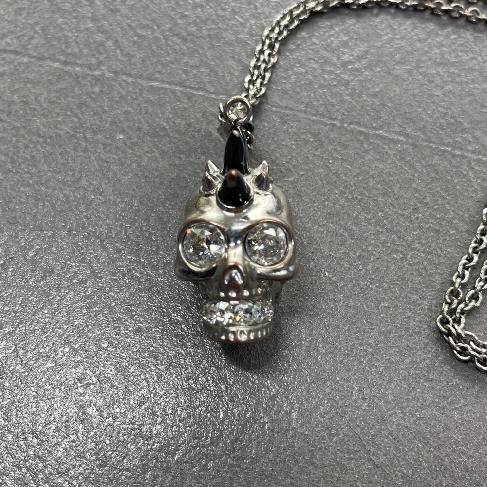 Alexander McQueen Spike Skull Crystal Studded Silver Tone Long Pendant Necklace